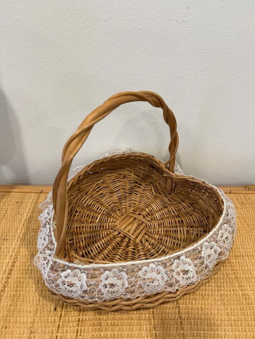Vintage Heart Shaped Cottagecore Wicker Basket with White Lace Trim